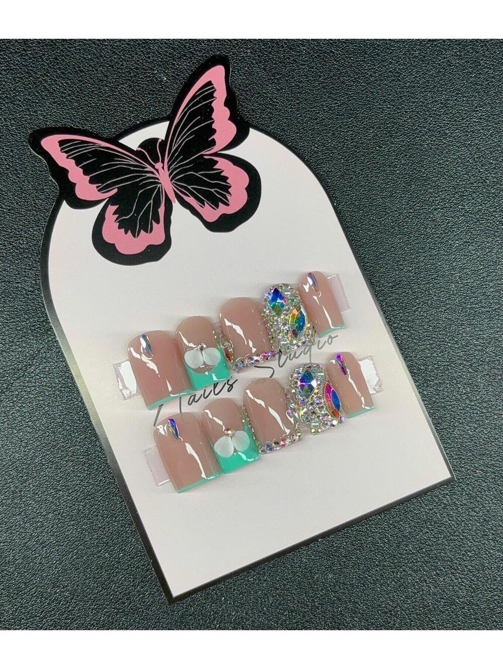Short square press on nails bright teal green rhinestones acrylic flowers nude